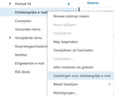 Onbelangrijke mail Instellen