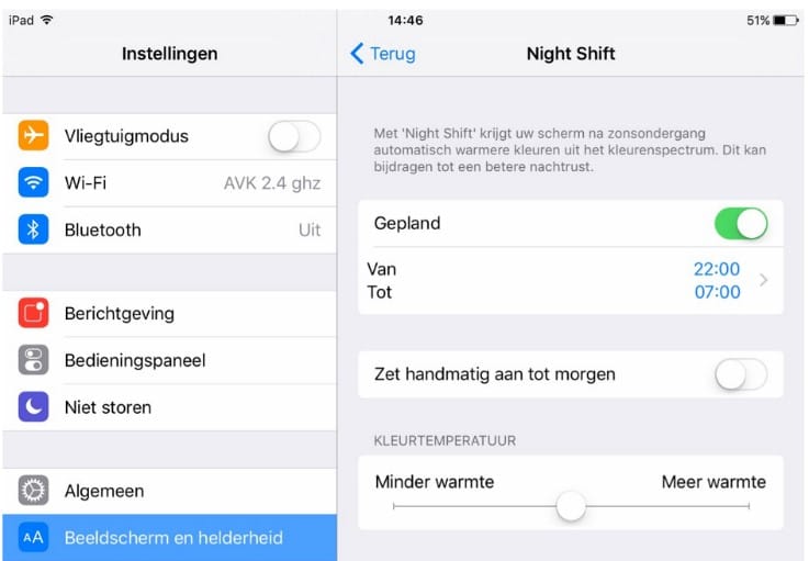 night shift handmatig instellen