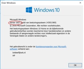 Windows10 venster met versie