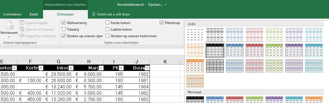 Excel tabel 4 tabelstijlen