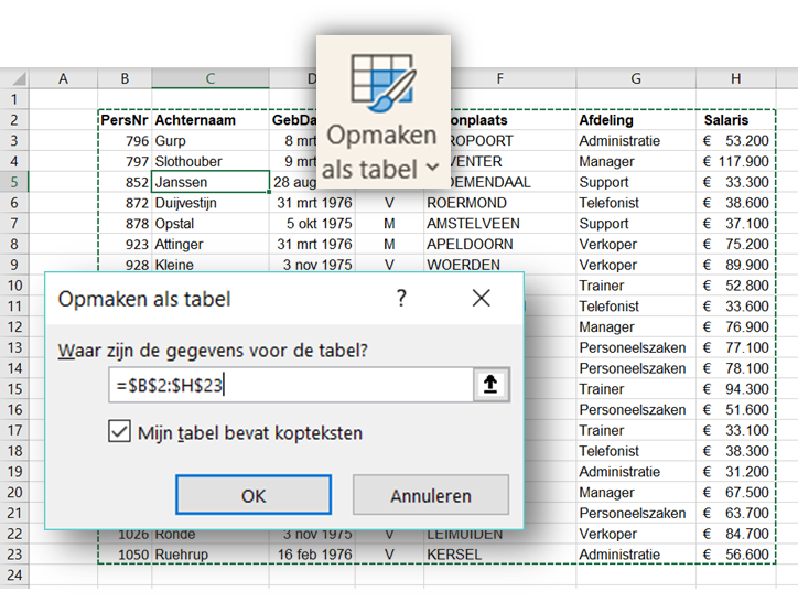 formule opmaken als tabel in excel