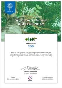 Certificaat donatie van 108 bomen aan Trees for all voor #greenfriday
