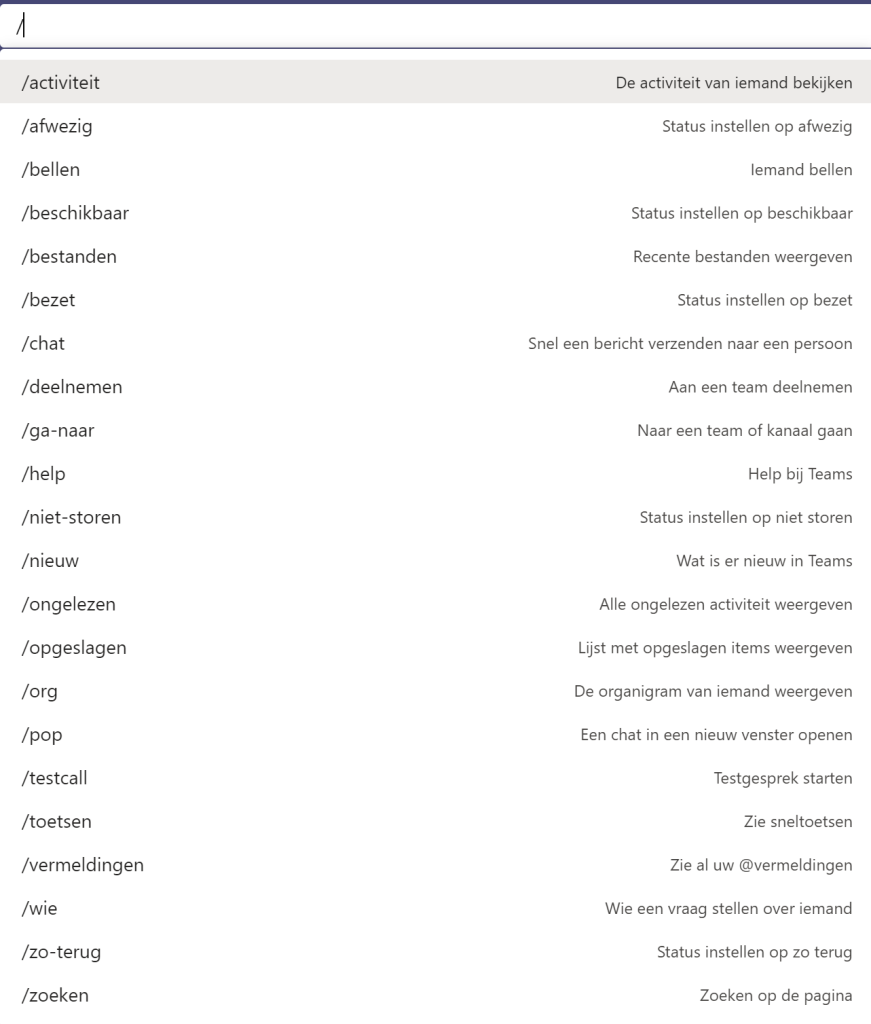 Zoek commando's in MS Teams