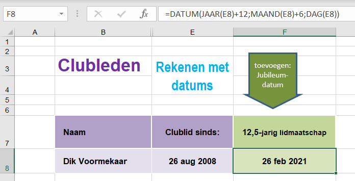 Jubileum berekenen in Excel