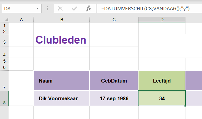 De functie Datumverschil() in Excel