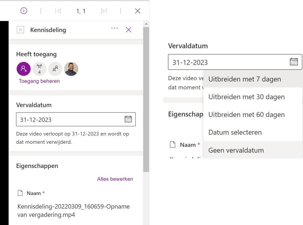 Vervaldatum aanpassen voor het verwijderen vergaderingopname