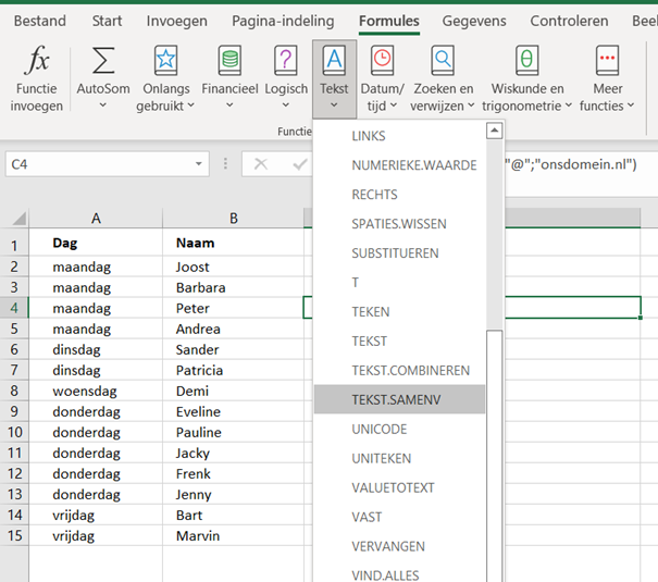 De functie Tekst Samenvoegen in het tabblad Formules in Excel